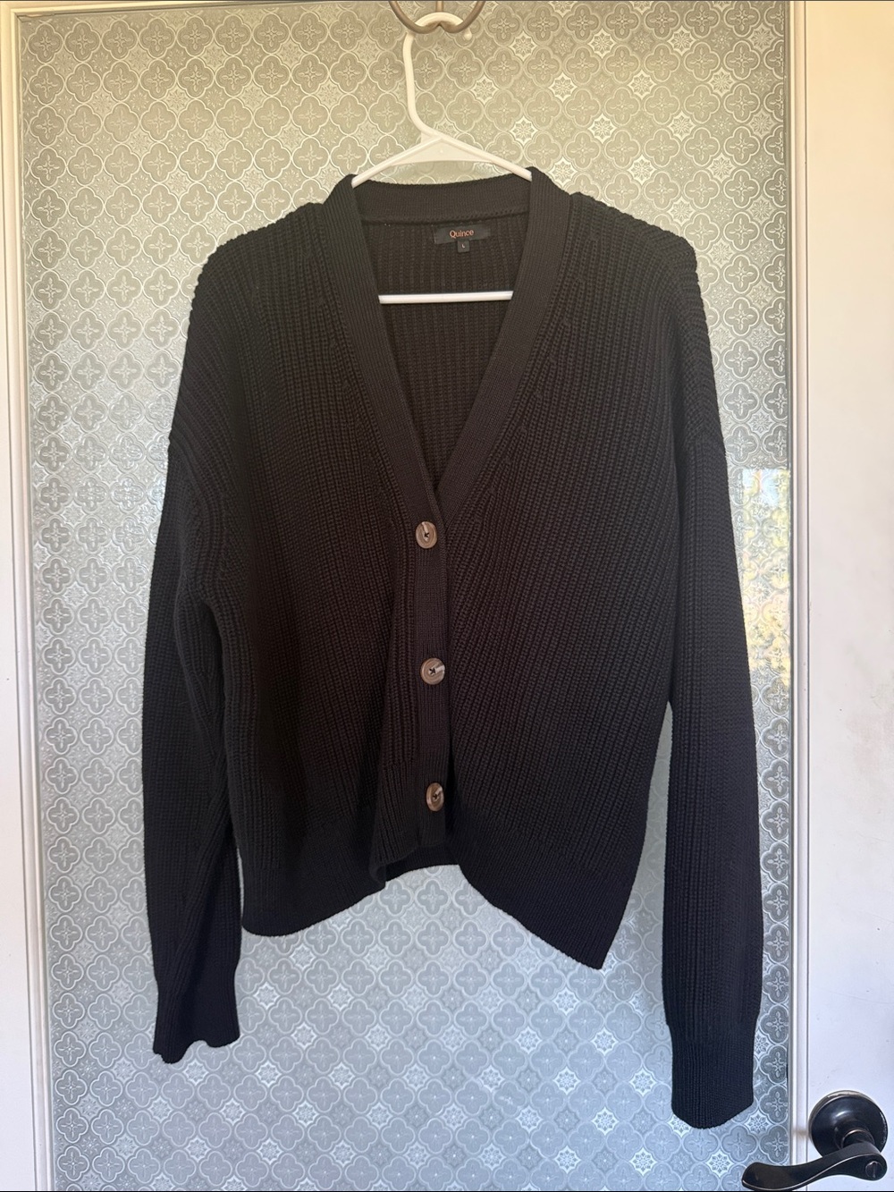 Quince Black Ribbed V-Neck Button Cardigan